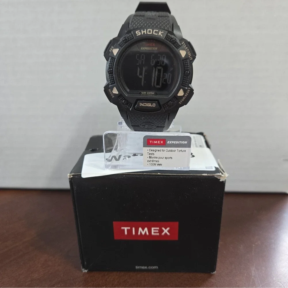 NIB Timex Men's Black Expedition Shock 45mm Resin Watch. Chrono,Alarm,Calendar.